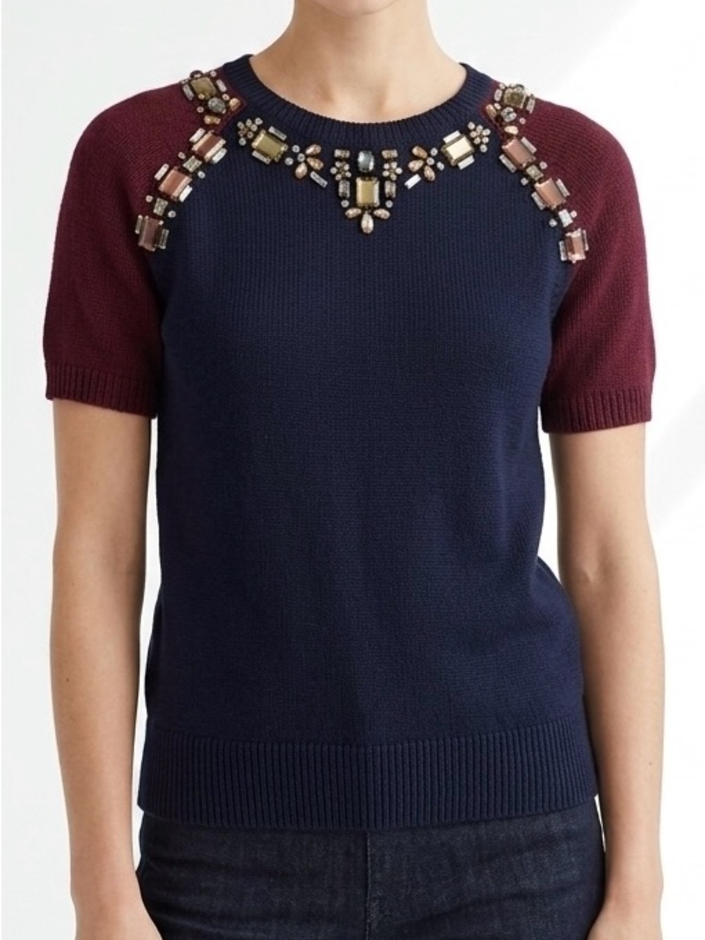 J.Crew Jeweled Alpaca Merino Wool Blend Sweater Navy Burgundy Modern Prep XS